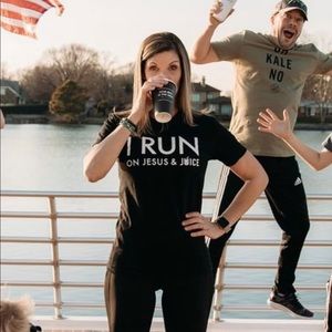 Clean Juice “ I Run on Jesus and Juice” Black and White Shirt, Size Medium